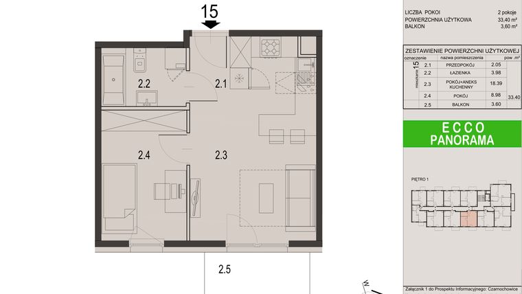 Rzut - Mieszkanie na sprzedaż 2 pokoje o powierzchni 33,4 m² - numer 15C w Ecco Panorama etap II budynki C, D