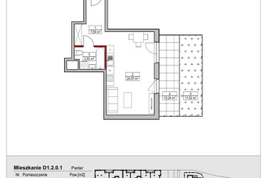 Rzut - Mieszkanie na sprzedaż 1 pokój o powierzchni 36,49 m² - numer D1.2.0.1 w Nowy Targówek VI