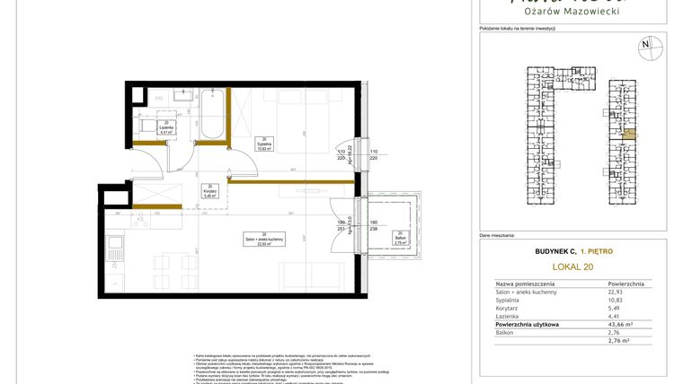 Rzut - Mieszkanie na sprzedaż 2 pokoje o powierzchni 43,66 m² - numer 20 w Aura Nova etap II