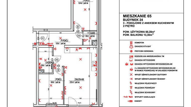 Rzut - Mieszkanie na sprzedaż 3 pokoje o powierzchni 60,28 m² - numer 65 w Osiedle 4 Pory Roku - Etap VIII
