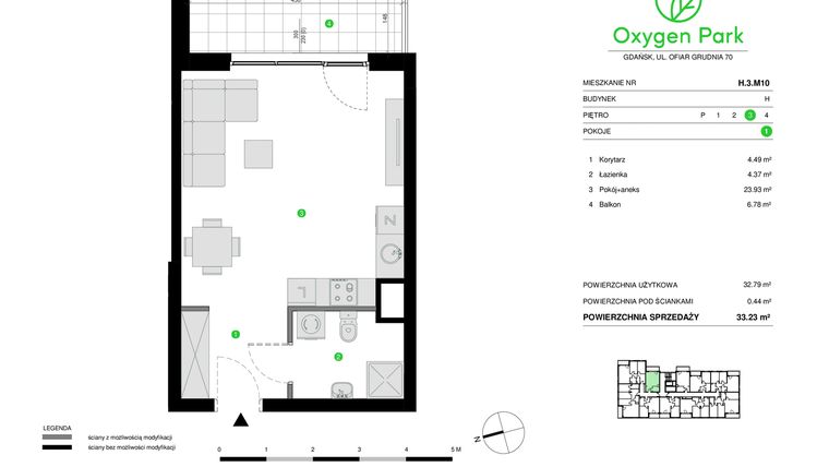 Rzut - Mieszkanie na sprzedaż 1 pokój o powierzchni 33,23 m² - numer H.3.M10 w Oxygen Park etap III
