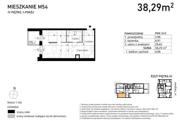 Rzut - Mieszkanie na sprzedaż 1 pokój o powierzchni 38,29 m² - numer M54 w Finezja