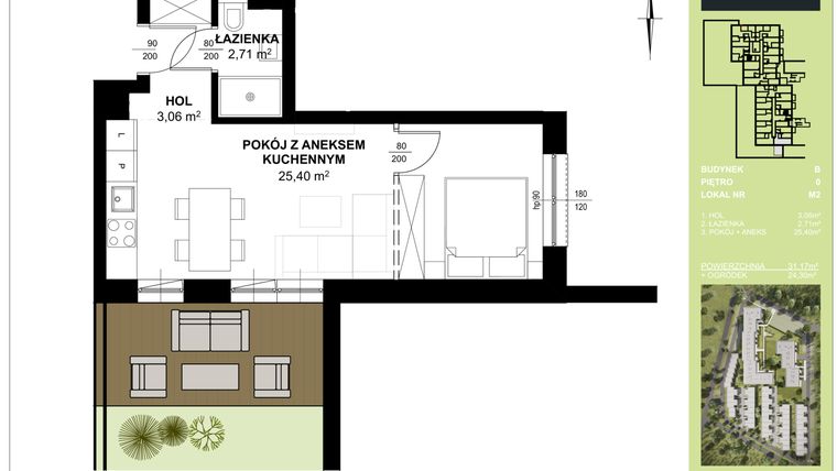 Rzut - Mieszkanie na sprzedaż 1 pokój o powierzchni 31,17 m² - numer B_M2 w Triton Kampinos III