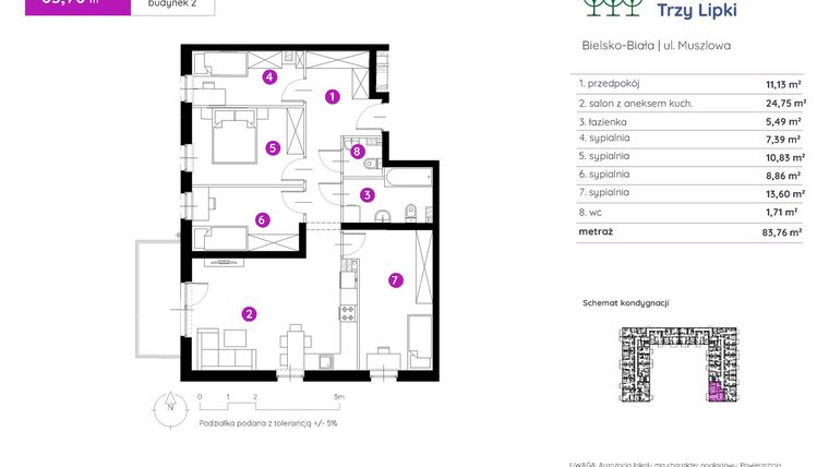 Rzut - Mieszkanie na sprzedaż 5 pokoi o powierzchni 83,73 m² - numer 2.B.1.08 w Murapol Trzy Lipki etap II