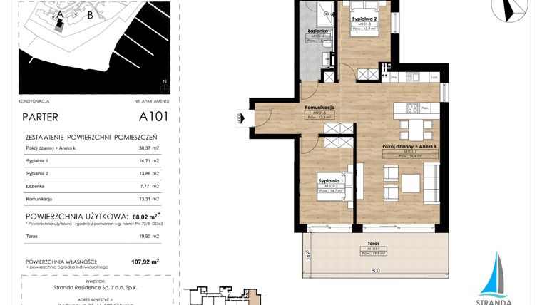 Rzut - Mieszkanie na sprzedaż 3 pokoje o powierzchni 88,02 m² - numer A101 w Stranda Residence