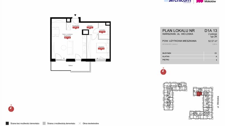 Rzut - Mieszkanie na sprzedaż 2 pokoje o powierzchni 52,57 m² - numer D1A 13 w Modern Mokotów etap 4, budynek D1 i D2