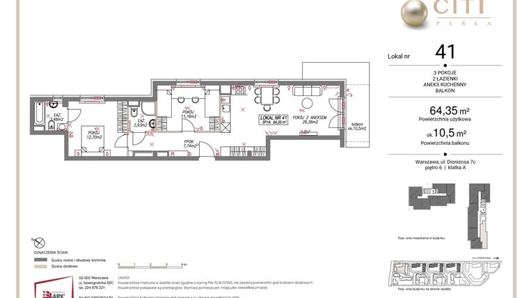 Rzut - Mieszkanie na sprzedaż 3 pokoje o powierzchni 64,35 m² - numer 41 w Comfort City Perła