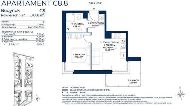 Rzut - Mieszkanie na sprzedaż 2 pokoje o powierzchni 31,58 m² - numer C8.8 w Sol Marina etap III