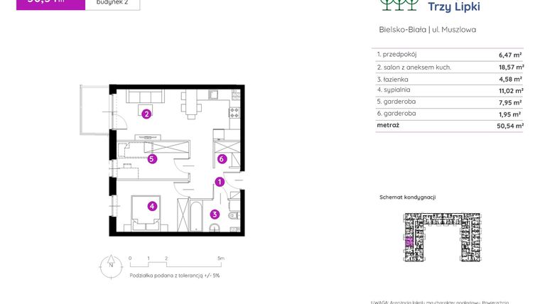 Rzut - Mieszkanie na sprzedaż 2 pokoje o powierzchni 50,54 m² - numer 2.A.1.04 w Murapol Trzy Lipki etap II