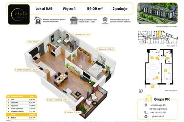 Rzut - Mieszkanie na sprzedaż 2 pokoje o powierzchni 59,09 m² - numer 1M09 w Złota Jabłonna