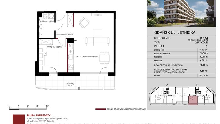 Rzut - Mieszkanie na sprzedaż 2 pokoje o powierzchni 49,87 m² - numer B.3.54 w Letnicka Residence