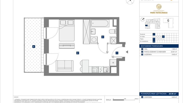 Rzut - Mieszkanie na sprzedaż 1 pokój o powierzchni 29,99 m² - numer F-59 w Apartamenty Park Matecznego Etap 2