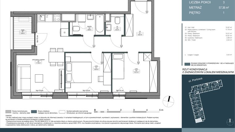 Rzut - Mieszkanie na sprzedaż 3 pokoje o powierzchni 57,36 m² - numer 9 w Portowa Zabłocie