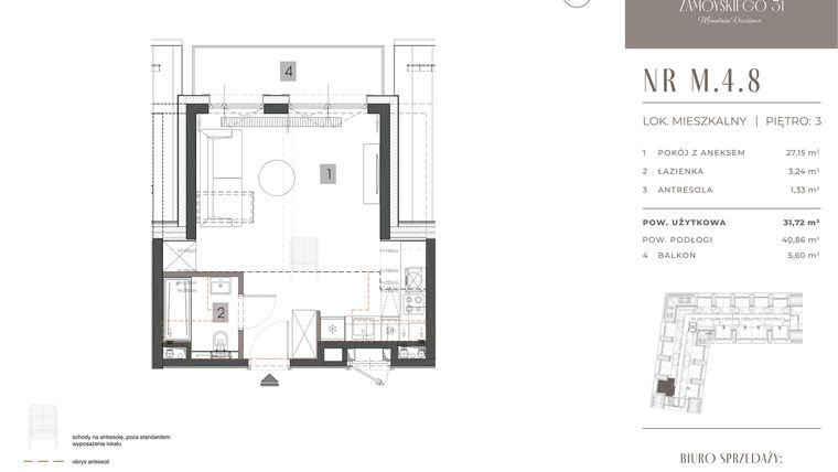 Rzut - Mieszkanie na sprzedaż 1 pokój o powierzchni 31,72 m² - numer M.4.8 w Zamoyskiego 31