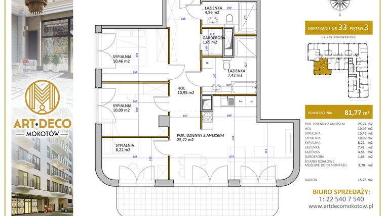 Rzut - Mieszkanie na sprzedaż 4 pokoje o powierzchni 81,77 m² - numer M33 w Art Deco Mokotów