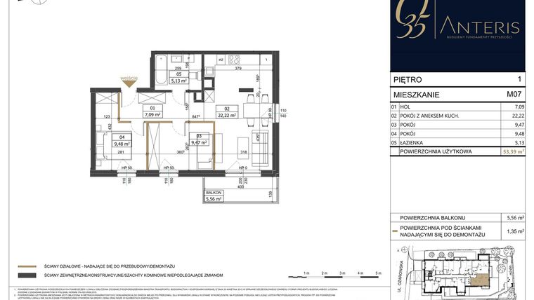 Rzut - Mieszkanie na sprzedaż 3 pokoje o powierzchni 53,39 m² - numer M.07 w Ożarowska 35