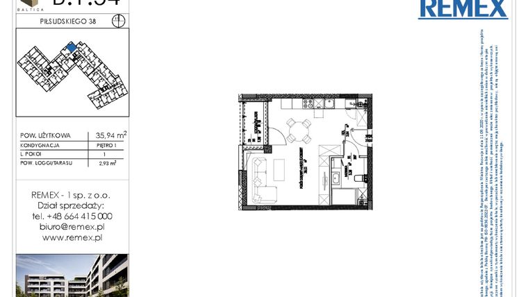 Rzut - Mieszkanie na sprzedaż 1 pokój o powierzchni 35,94 m² - numer B.1.54 w Osiedle BALTICA
