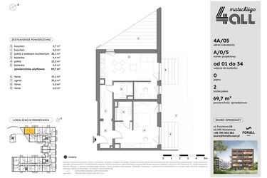 Rzut - Mieszkanie na sprzedaż 2 pokoje o powierzchni 69,57 m² - numer A/0/5 w Osiedle Mateckiego 4ALL