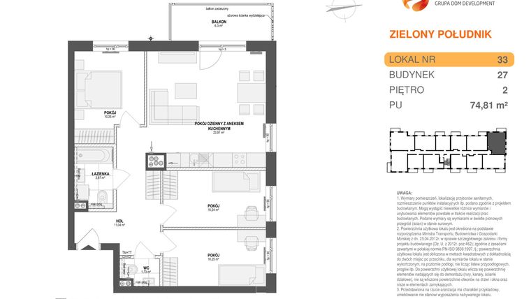 Rzut - Mieszkanie na sprzedaż 4 pokoje o powierzchni 74,79 m² - numer ZP_1_14_27_33 w Zielony Południk