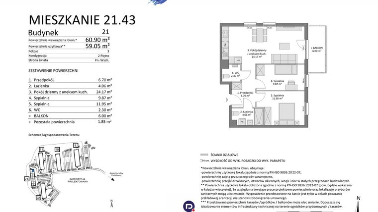 Rzut - Mieszkanie na sprzedaż 3 pokoje o powierzchni 59,05 m² - numer 21.43 w Osiedle Pastelowe etap IV