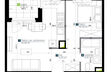 Rzut - Mieszkanie na sprzedaż 2 pokoje o powierzchni 39,34 m² - numer AA0304 w M Bemowo 3