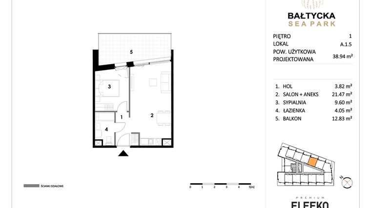 Rzut - Mieszkanie na sprzedaż 2 pokoje o powierzchni 38,94 m² - numer A.1.5 w Bałtycka Sea Park