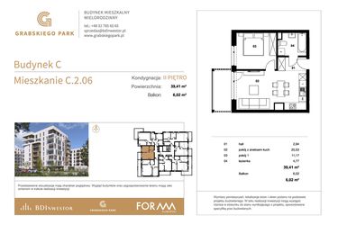 Rzut - Mieszkanie na sprzedaż 2 pokoje o powierzchni 39,41 m² - numer C.2.06 w Grabskiego Park