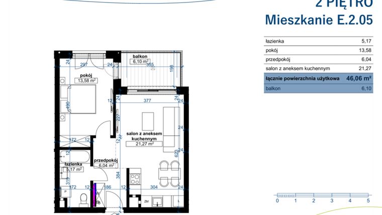 Rzut - Mieszkanie na sprzedaż 2 pokoje o powierzchni 46,06 m² - numer E.2.05 w Wzgórze Poetów 2