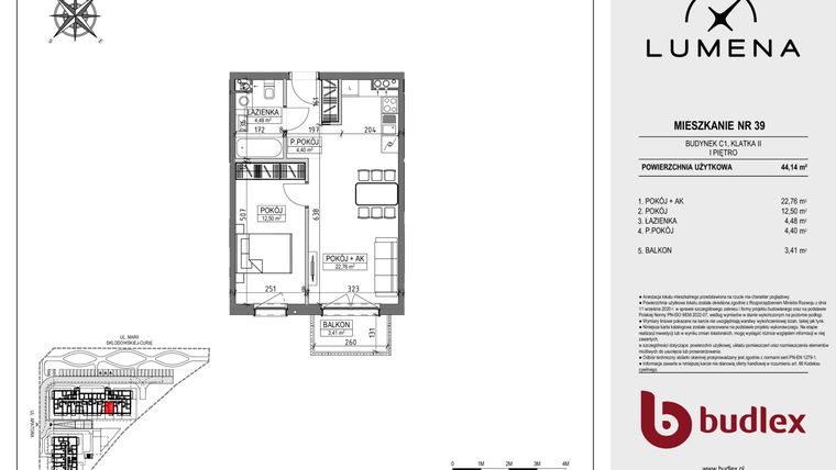 Rzut - Mieszkanie na sprzedaż 2 pokoje o powierzchni 44,14 m² - numer C1.39 w Lumena