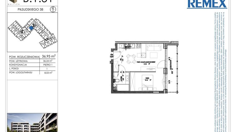 Rzut - Mieszkanie na sprzedaż 1 pokój o powierzchni 37,37 m² - numer B.1.51 w Osiedle BALTICA