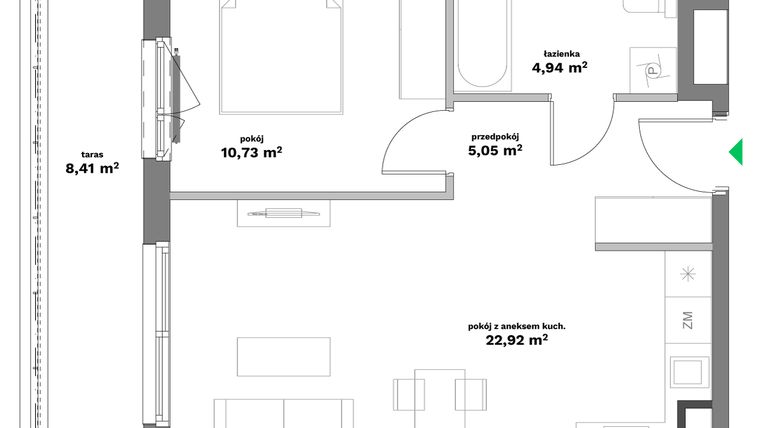 Rzut - Mieszkanie na sprzedaż 2 pokoje o powierzchni 43,64 m² - numer B1-36 w Forma Otwarta etap II