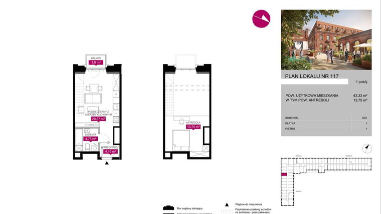 Rzut - Mieszkanie na sprzedaż 1 pokój o powierzchni 43,33 m² - numer G2.117 w Fuzja Lofty