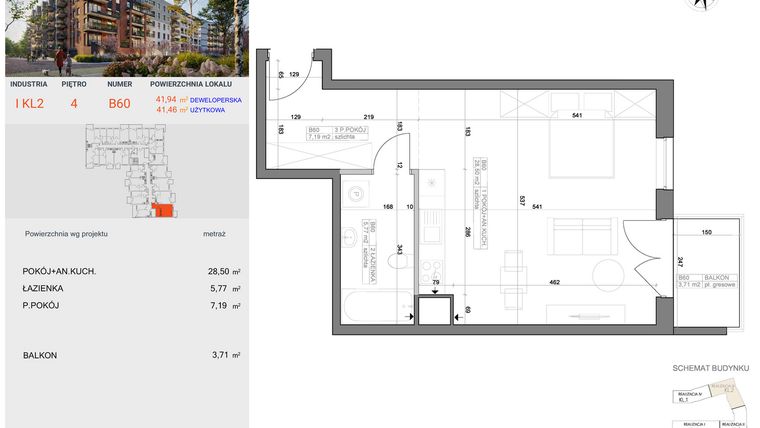 Rzut - Mieszkanie na sprzedaż 1 pokój o powierzchni 41,46 m² - numer I-B60 w Industria etap I-B