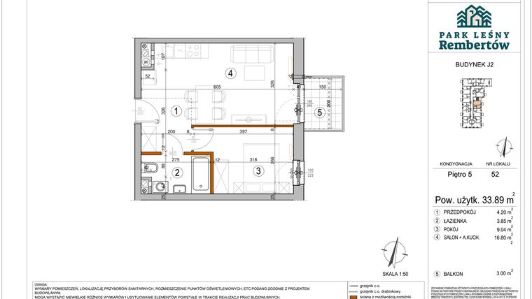Rzut - Mieszkanie na sprzedaż 2 pokoje o powierzchni 33,89 m² - numer J2-52 w Park Leśny Rembertów etap VIII