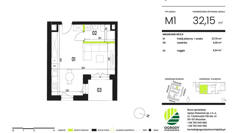 Rzut - Mieszkanie na sprzedaż 1 pokój o powierzchni 27,21 m² - numer NO.3.3 w Ogrody Staromiejskie
