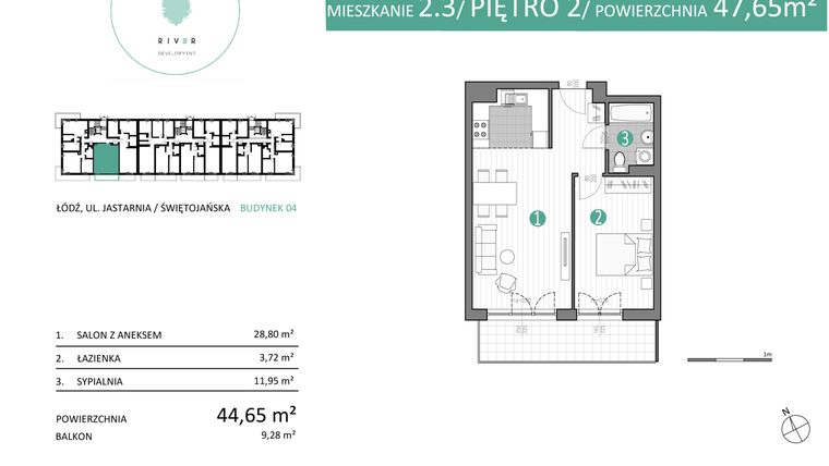 Rzut - Mieszkanie na sprzedaż 2 pokoje o powierzchni 47,65 m² - numer 04.2.3 w Port Jastarnia bud. 01, 04