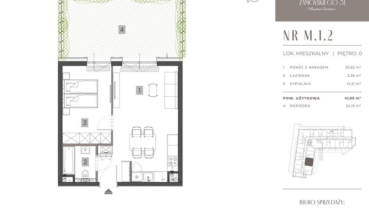 Rzut - Mieszkanie na sprzedaż 2 pokoje o powierzchni 41,09 m² - numer M.1.2 w Zamoyskiego 31