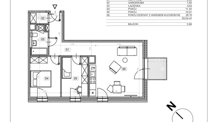 Rzut - Mieszkanie na sprzedaż 3 pokoje o powierzchni 63,3 m² - numer J.M15 w Osiedle Glivia Zachodnia