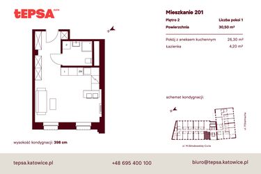 Rzut - Mieszkanie na sprzedaż 1 pokój o powierzchni 30,5 m² - numer M201 w Tepsa Kato