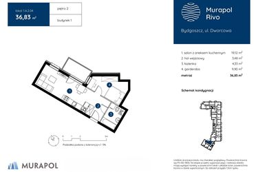 Rzut - Mieszkanie na sprzedaż 1 pokój o powierzchni 36,83 m² - numer 1.A.2.04 w Murapol Rivo