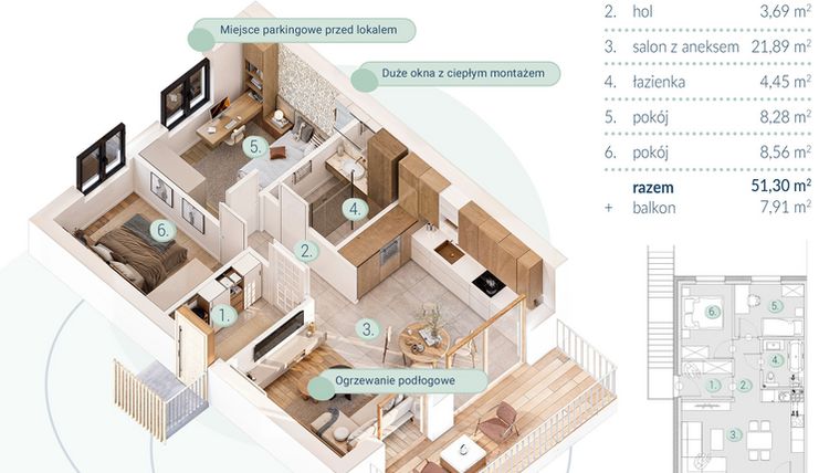 Rzut - Mieszkanie na sprzedaż 3 pokoje o powierzchni 51,3 m² - numer A.1.2 w Enklawa