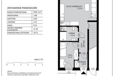 Rzut - Mieszkanie na sprzedaż 2 pokoje o powierzchni 43,11 m² - numer C5 w Kowalove etap 2
