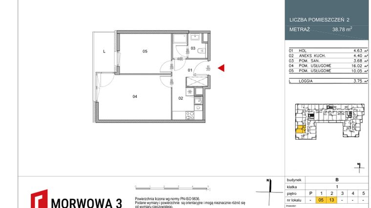 Rzut - Mieszkanie na sprzedaż 2 pokoje o powierzchni 38,78 m² - numer 5 w Morwowa 3 - Apartamenty Inwestycyjne