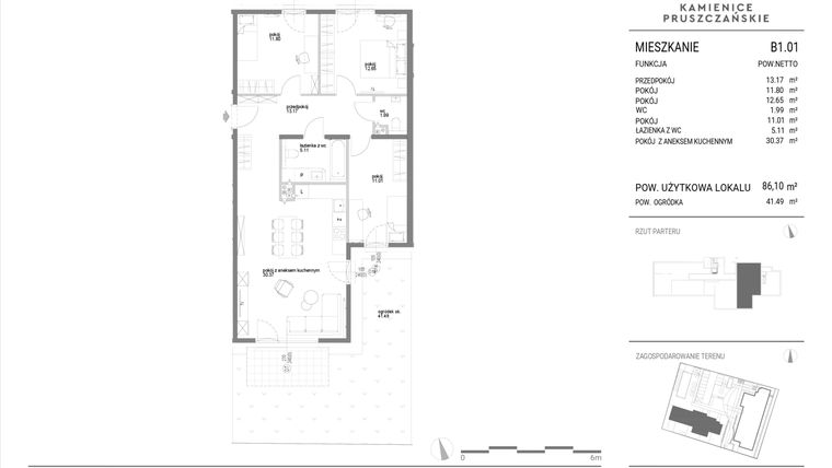 Rzut - Mieszkanie na sprzedaż 4 pokoje o powierzchni 86,1 m² - numer B1.01 w Kamienice Pruszczańskie