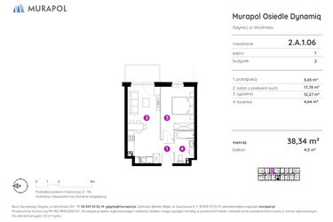 Rzut - Mieszkanie na sprzedaż 2 pokoje o powierzchni 38,34 m² - numer 2.A.1.06 w Murapol Osiedle Dynamiq