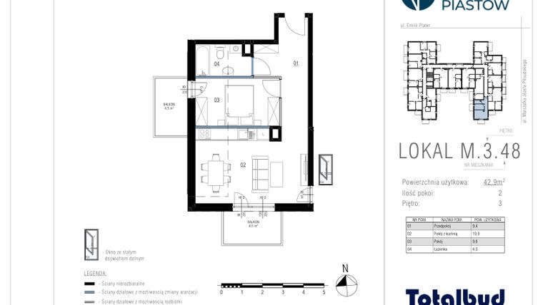 Rzut - Mieszkanie na sprzedaż 2 pokoje o powierzchni 42,95 m² - numer M.3.48 w Viva Piastów