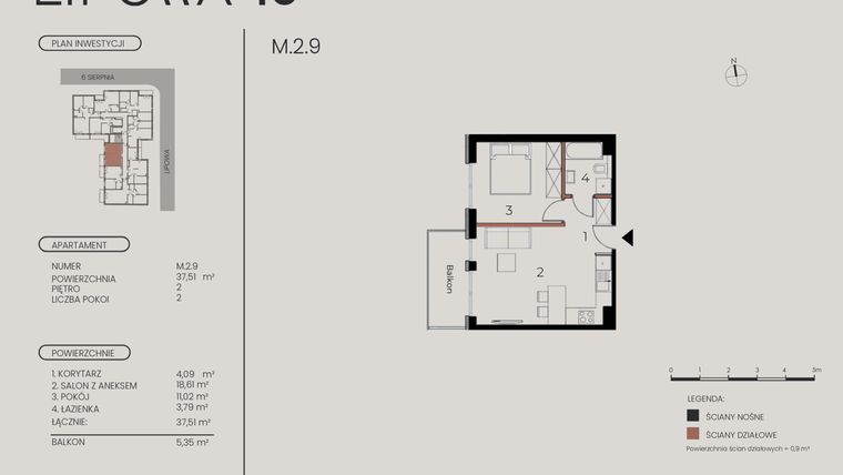 Rzut - Mieszkanie na sprzedaż 2 pokoje o powierzchni 37,51 m² - numer M.2.9 w Lipowa 43
