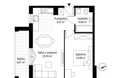 Rzut - Mieszkanie na sprzedaż 2 pokoje o powierzchni 45,94 m² - numer B.11 w Nowa Namiarkowa