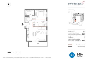 Rzut - Mieszkanie na sprzedaż 3 pokoje o powierzchni 68,98 m² - numer D.3.1 w Łopuszańska 47 - etap 2