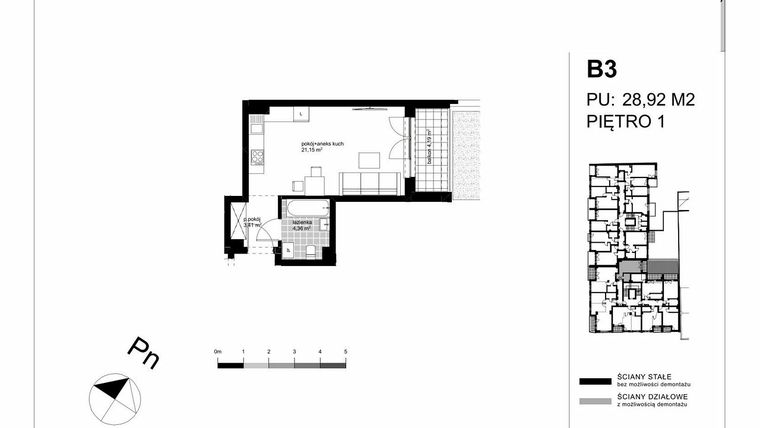 Rzut - Mieszkanie na sprzedaż 1 pokój o powierzchni 28,92 m² - numer B3 w Apartamenty Kopernika - etap II
